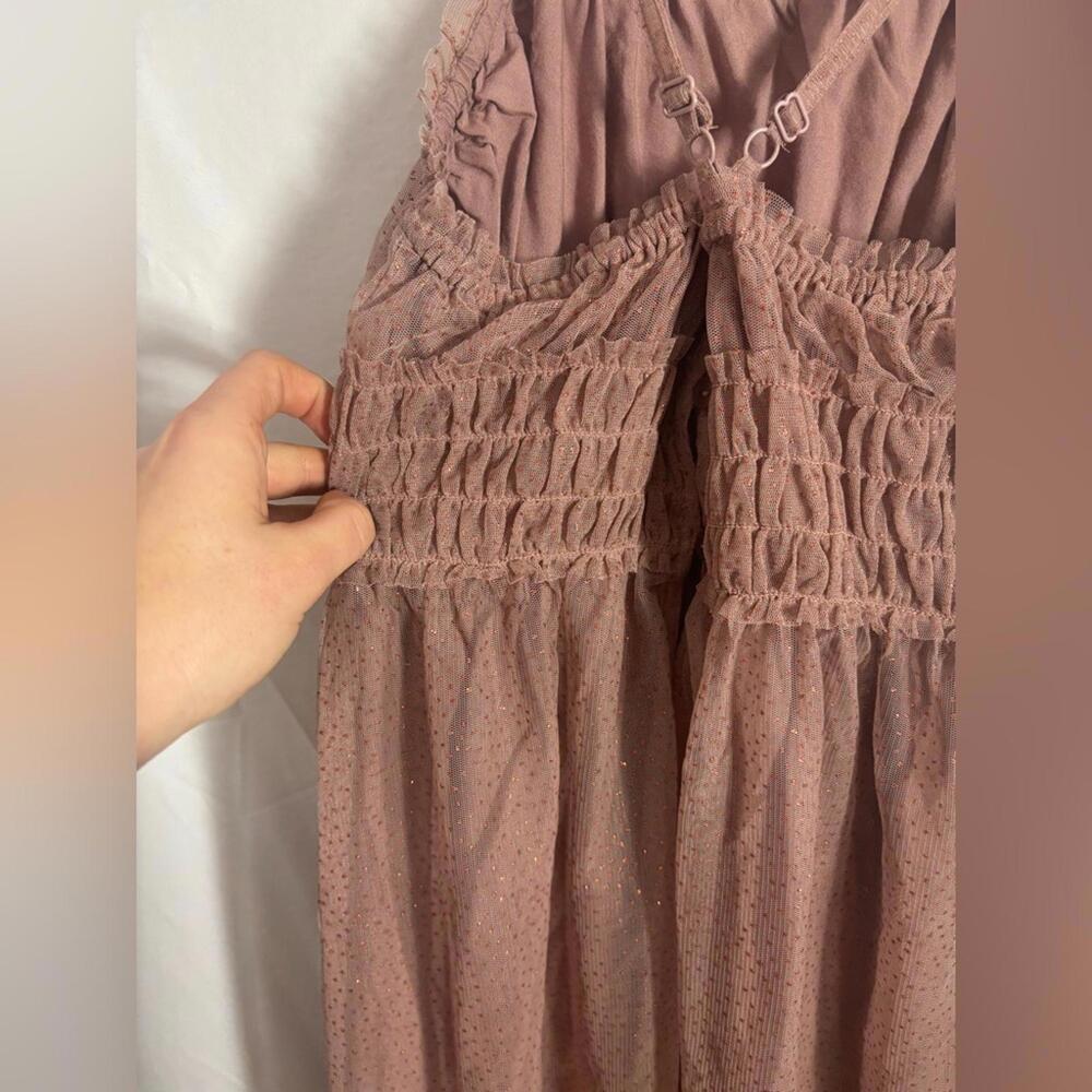 Dusty Rose Glitter Polka Dot Babydoll Cross back Mesh Fairy Midi Dress Size S-M - Picture 13 of 14